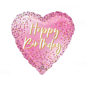 Шар сердце "С Днем Рождения", розовое конфетти