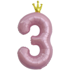 Шар цифра 3 с короной, 102 см, розовая