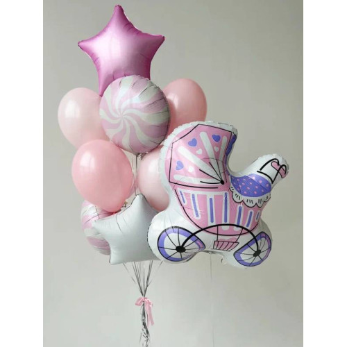 Композиция из шаров "Розовая коляска для девочки"