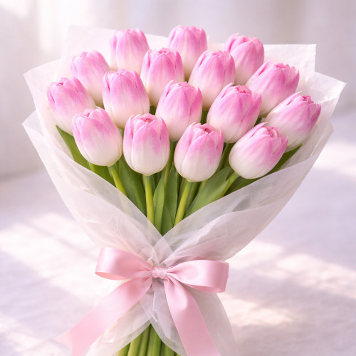 Букет из 15 бело-розовых тюльпанов