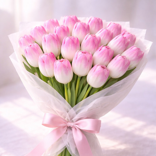 Букет из 20 бело-розовых тюльпанов