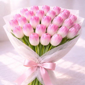 Букет из 25 бело-розовых тюльпанов