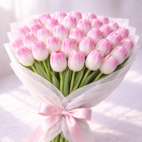 Букет из 31 бело-розового тюльпана