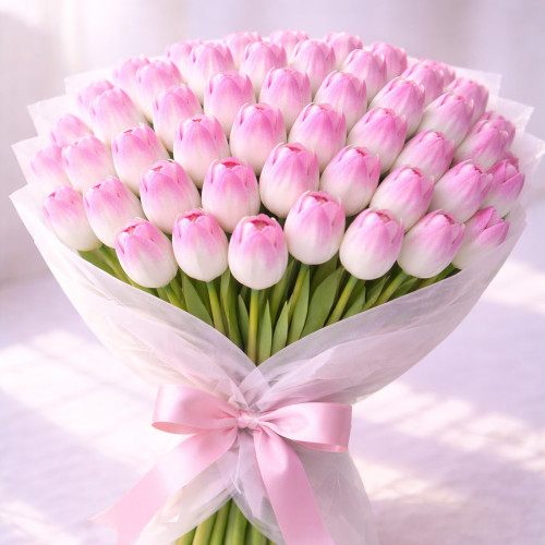 Букет из 50 бело-розовых тюльпанов