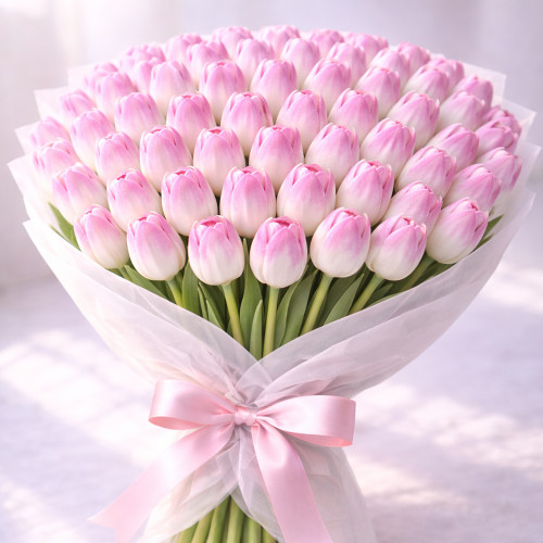 Букет из 60 бело-розовых тюльпанов