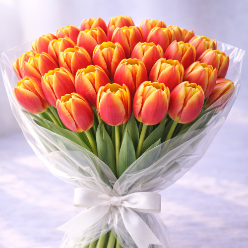 Букет из 30 красно-желтых тюльпанов