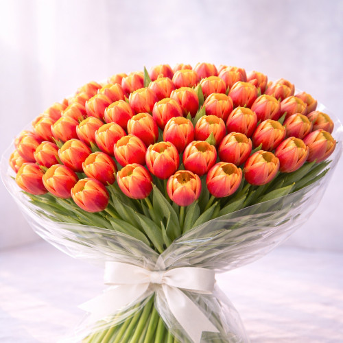 Букет из 100 красно-желтых тюльпанов