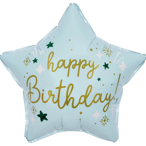 Шар звезда "Happy Birthday (звездочки), Светло-голубой, Сатин"