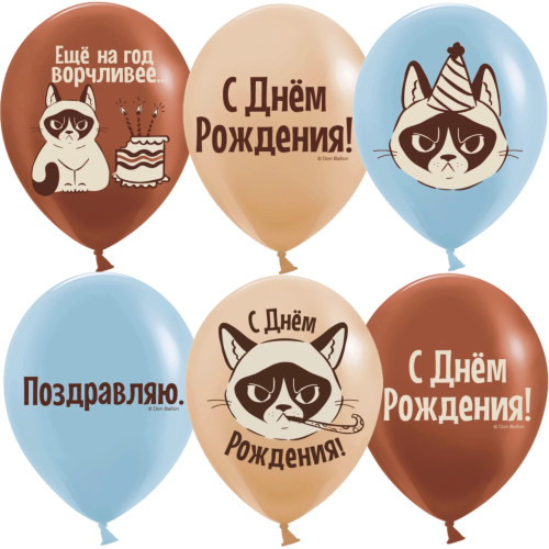 Латексный шар "С Днем Рождения! (сердитая кошка), Ассорти, пастель"