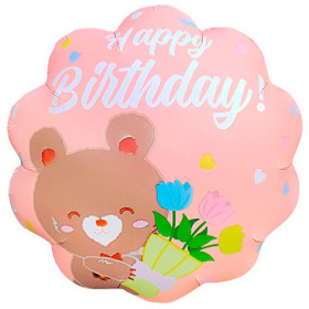 Шар круг "Happy Birthday (мишка с букетом)", розовый