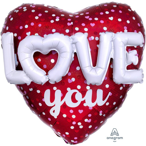 Шар сердце 92 см "Love. Буквы 3D", красный, голография