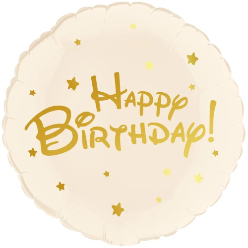 Шар круг "Happy Birthday (золотые звезды)", бежевый
